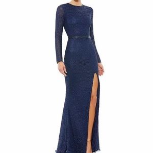 Mac Duggal Crew Neck Long Sleeve Thigh High Slit
Beaded Sheath Gown